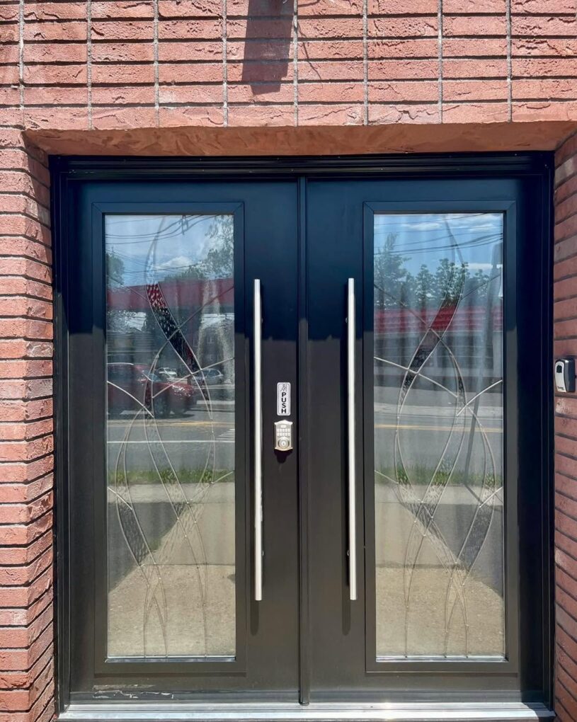 Custom-sized decorative privacy glass for fiberglass double doors