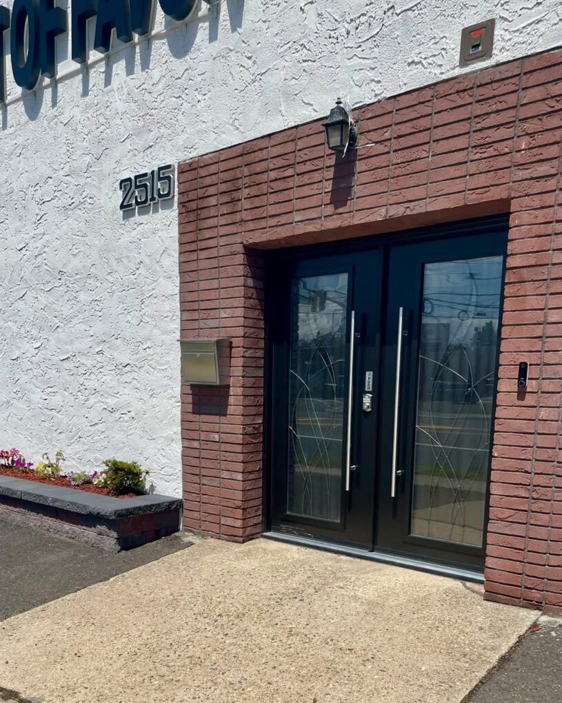 Fiberglass double doors in New Jersey with decorative privacy glass