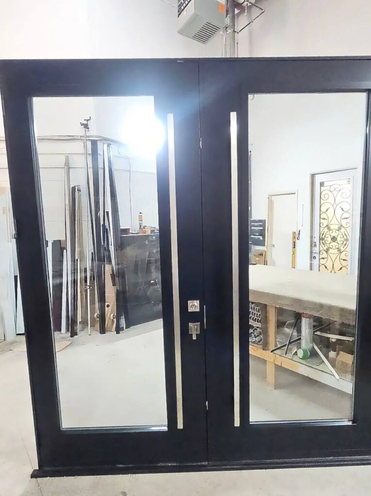 8-foot black steel double entry doors with glass