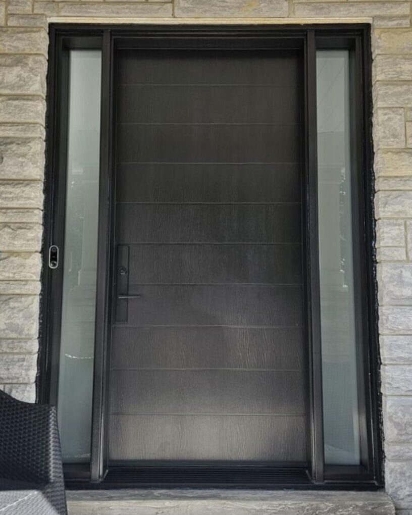 Black fiberglass entry door with sidelights