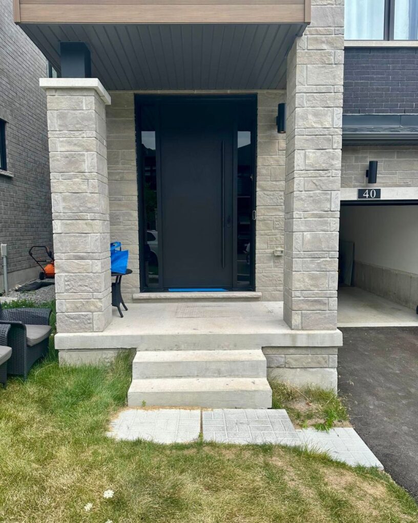 Fiberglass front door with double grey glass sidelights