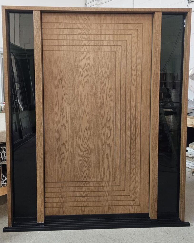 Custom fiberglass wood grain entry door with two sidelights for a New Jersey home
