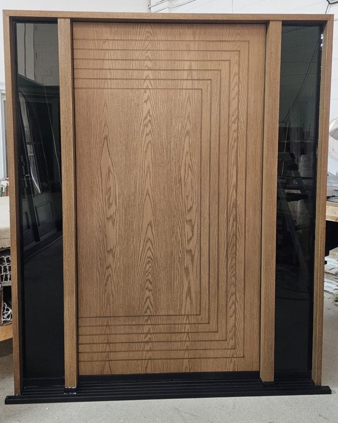 Custom fiberglass wood grain entry door with two sidelights for a New Jersey home