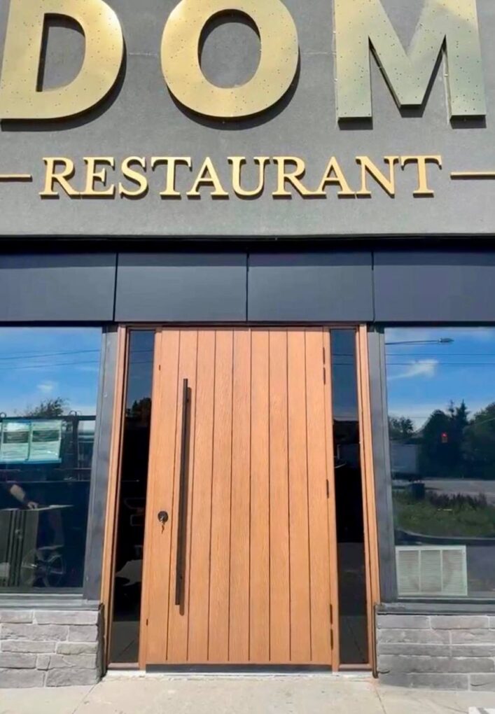 Commercial fiberglass entry doors Toronto restaurant exterior
